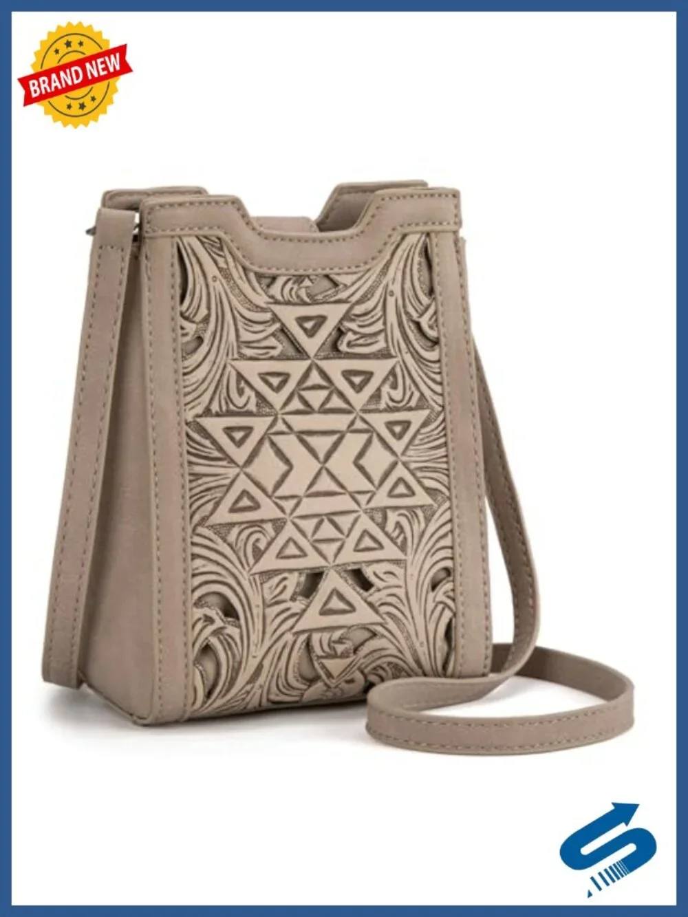 Faux Leather Tooling Crossbody Sling Bag with Adjustable Strap